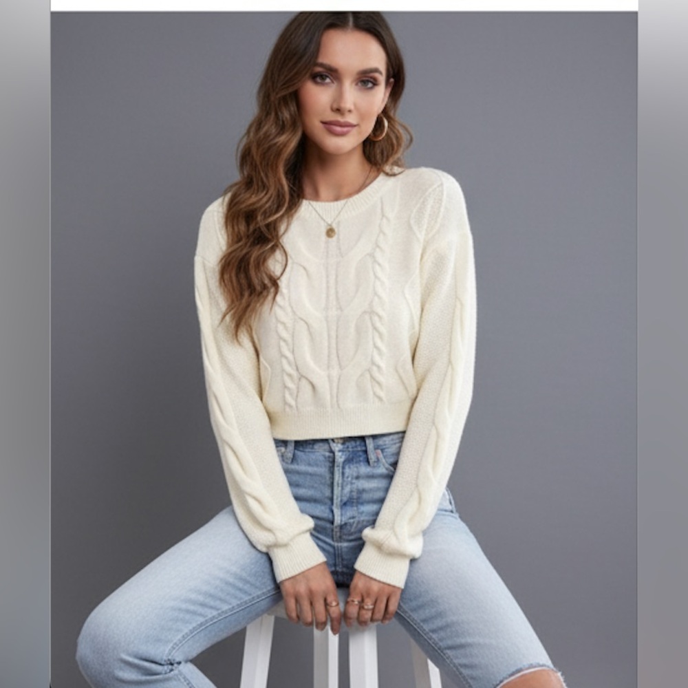 Cable Knit Drop Shoulder Crop Sweater - Picture 3 of 6